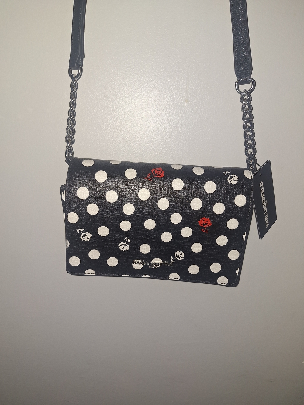 Karl Lagerfeld Black Polka Dot Crossbody Bag with Red Rose Accents